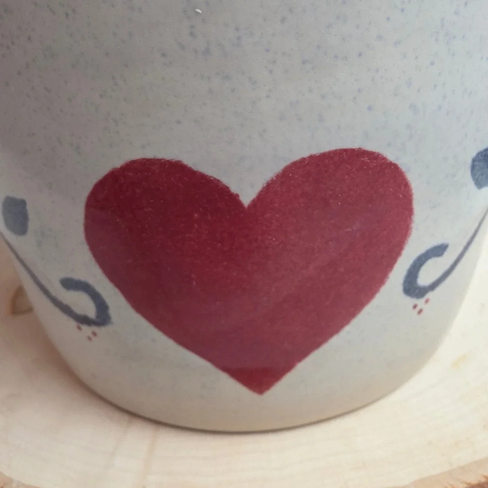 Vintage Blue Spongeware Heart Stoneware Cookie Jar Lid Canister Crock 9.75x7.5‎